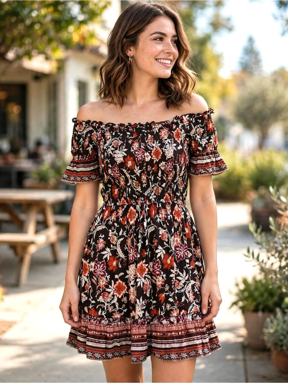 BAND OF GYPSIES Boho off shoulder smocked dress - Size S